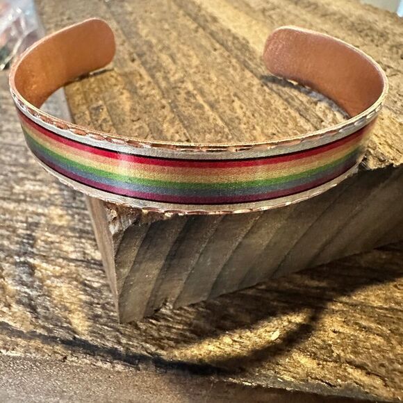 Handmade Boho Copper Narrow Cuff Bracelet, Diamond Cut Rainbow Pride Design, Gi - Picture 4 of 9
